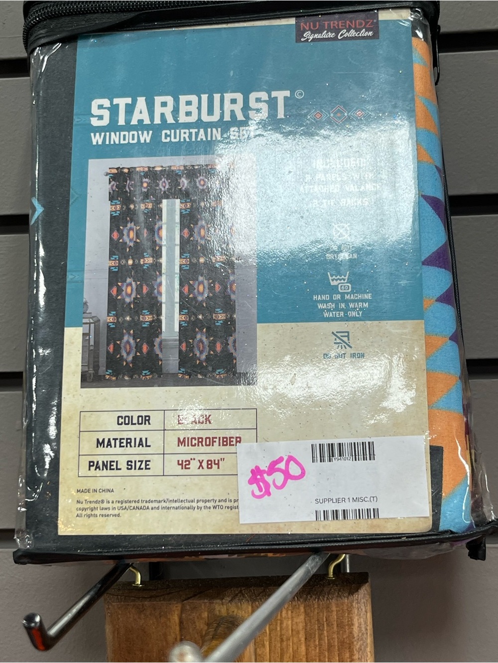 Starburst Window Curtain Panel - Black with Multicolor Geometric Print